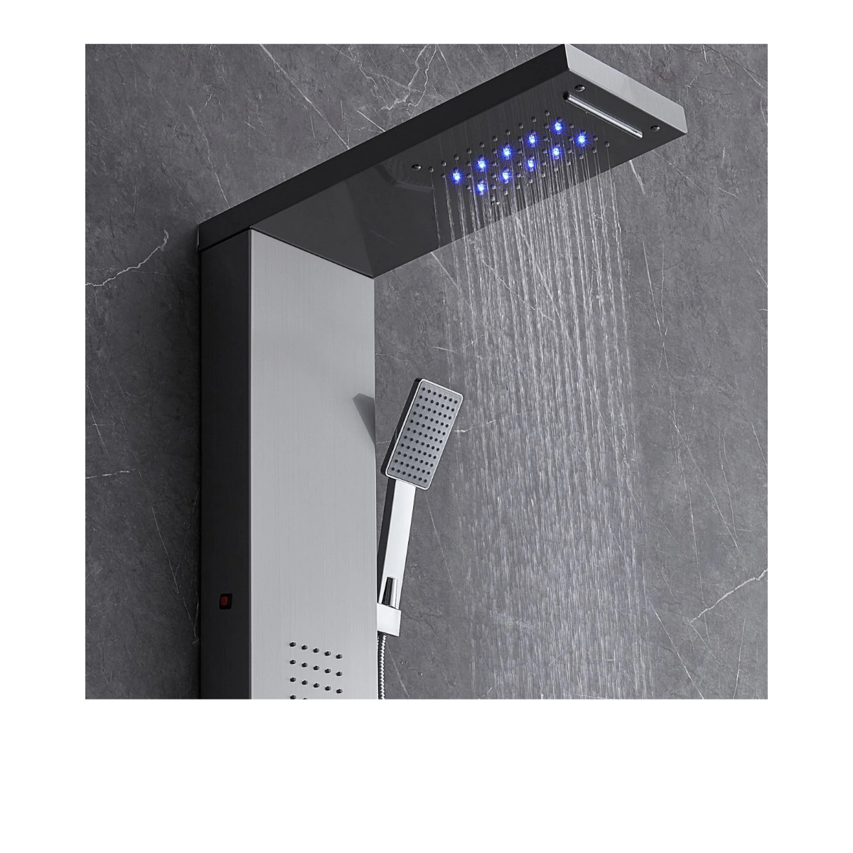 Close-up of the Aurora V-Max overhead interface featuring integrated blue LED atmospheric lighting and the active rainfall delivery system against an architectural slate background.