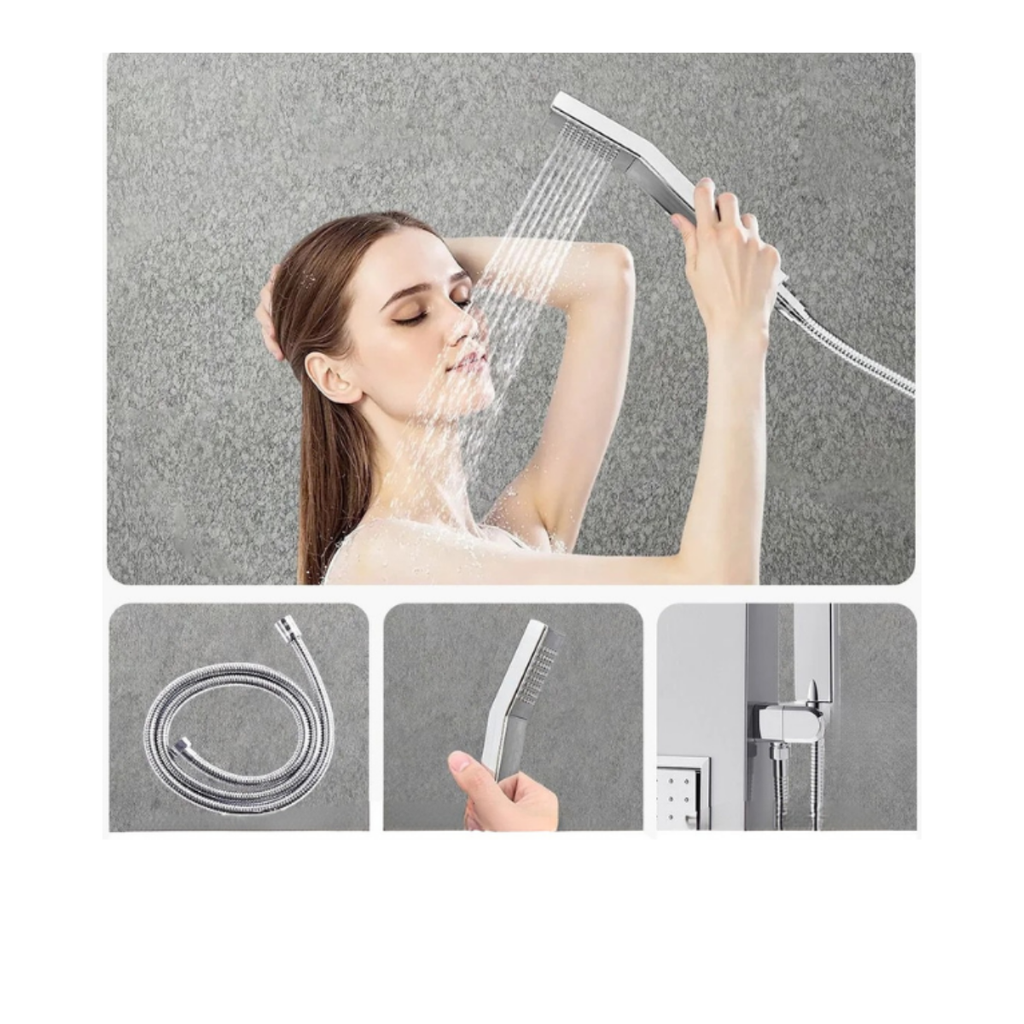 Macro architectural details of the Aurora V+ High-Flow ergonomic handheld shower featuring a 59-inch reinforced hose and adjustable sanctuary-grade holder.