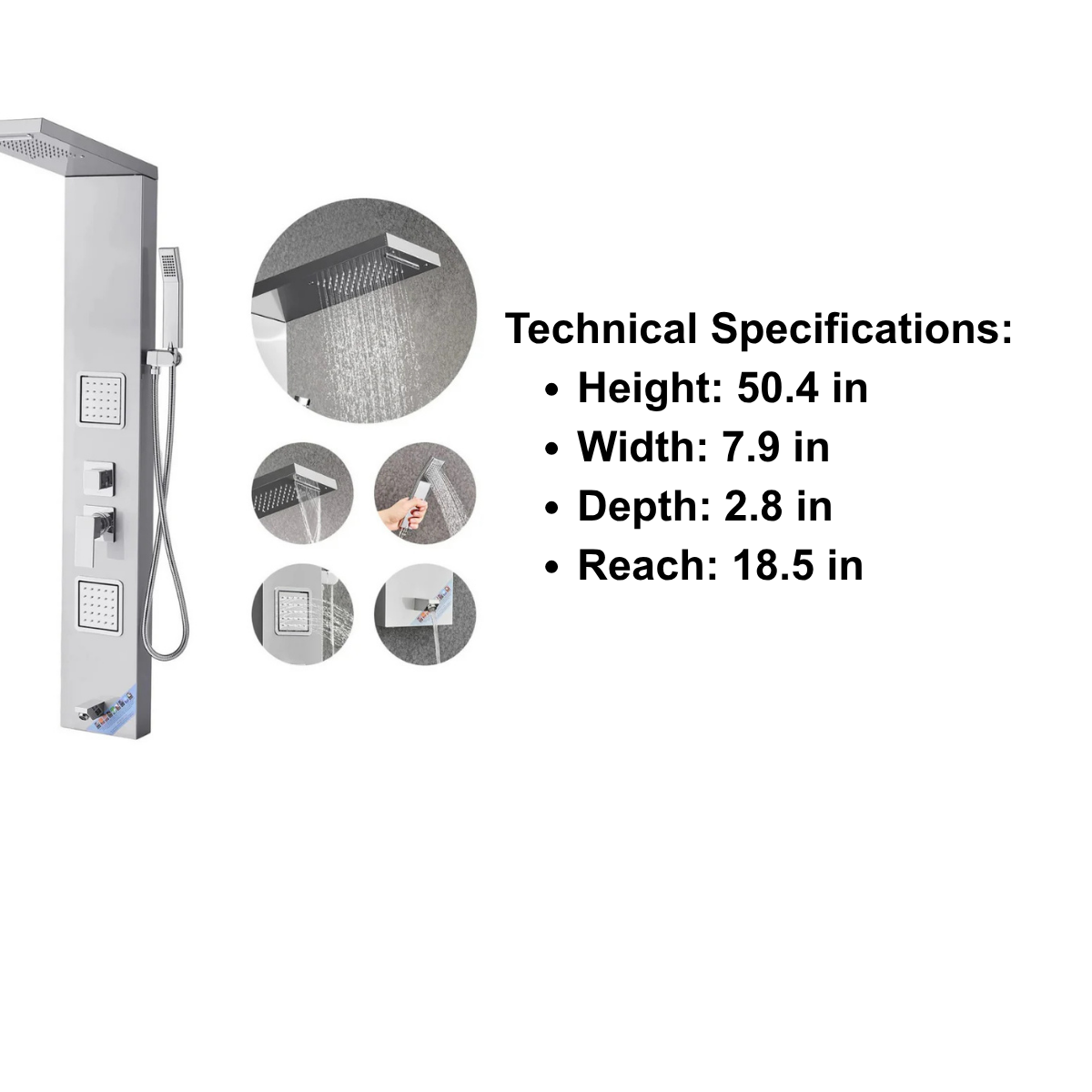 Primary architectural profile of the Aurora V+ High-Flow 5-Function Tower in brushed stainless steel, featuring optimized high-volume massage nozzles.