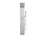 Symmetrical architectural view of the Aurora V+ High-Flow 304 Stainless Steel Tower highlighting the dual high-volume massage jets and integrated control interface.