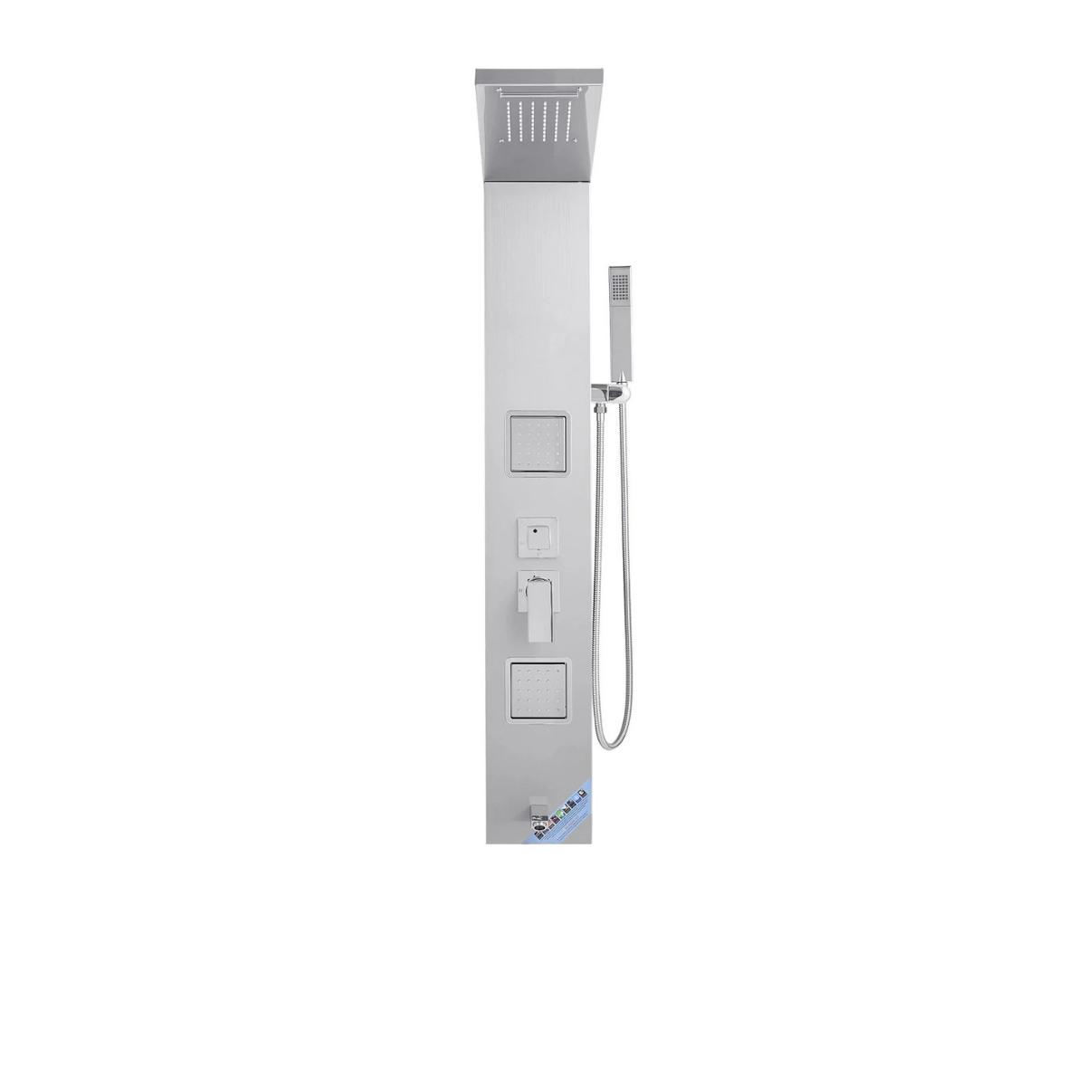 Symmetrical architectural view of the Aurora V+ High-Flow 304 Stainless Steel Tower highlighting the dual high-volume massage jets and integrated control interface.