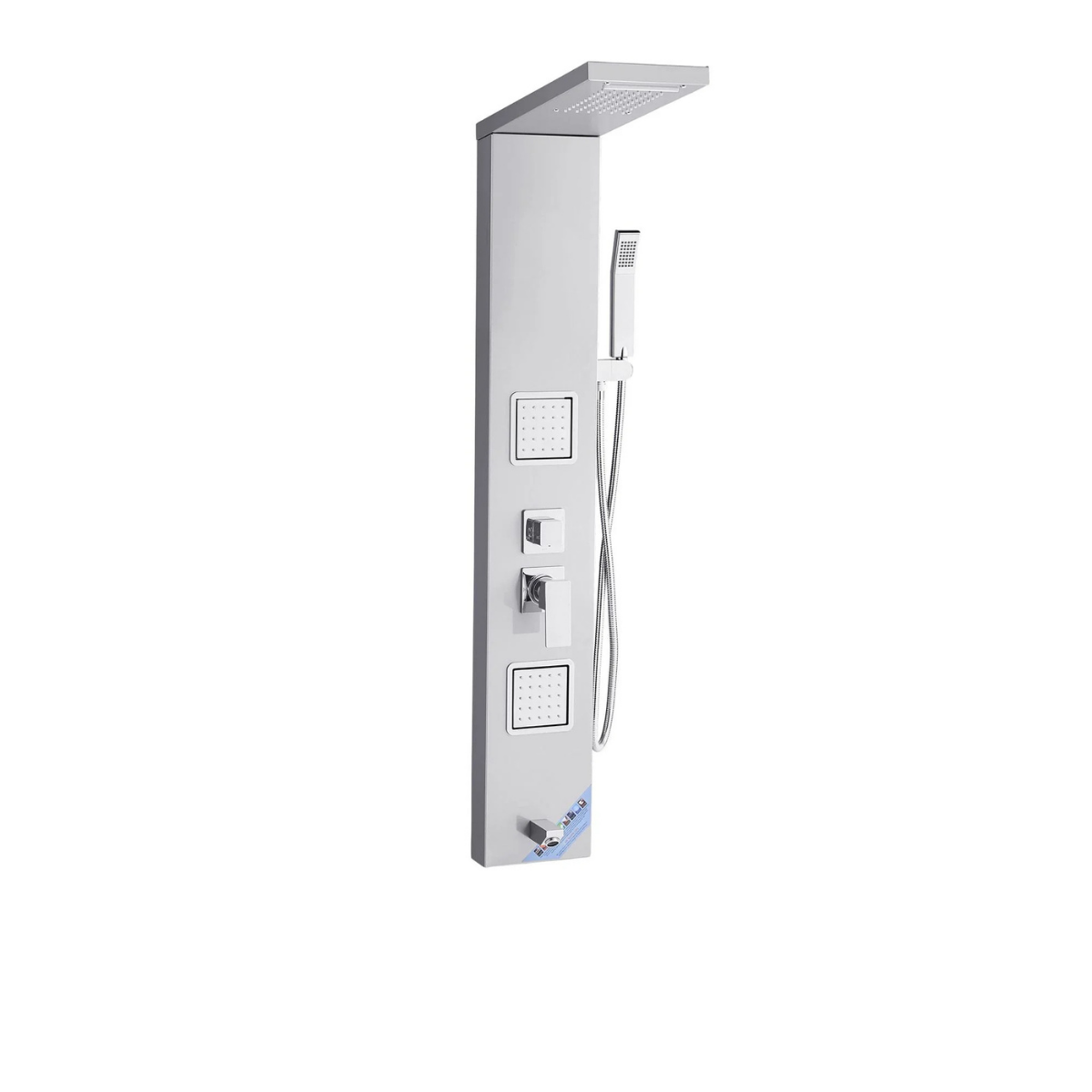 Full architectural profile of the Aurora V+ High-Flow 304 Stainless Steel Tower featuring dual large-area massage jets and optimized high-volume valving.