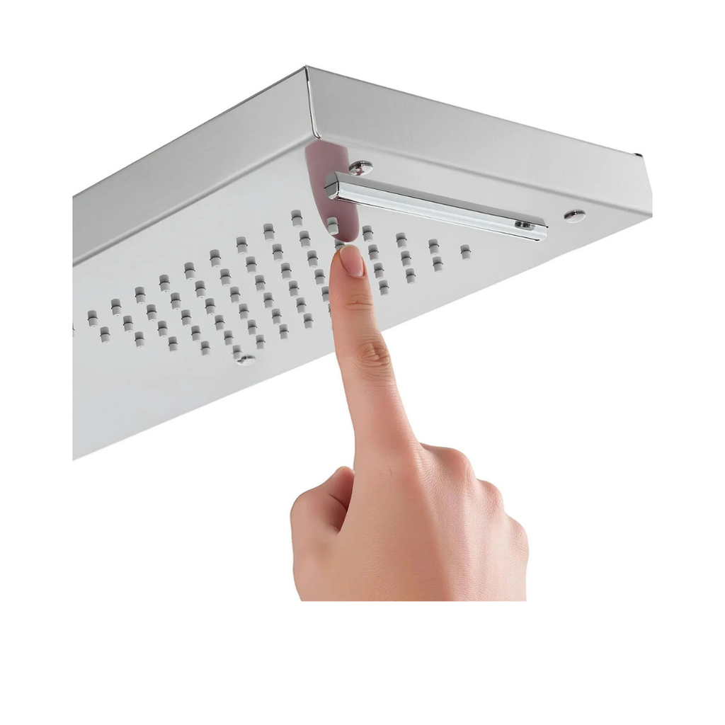 Macro architectural detail of the Aurora V+ High-Flow dual-function 304 stainless steel head featuring integrated rainfall and waterfall sanctuary modes.