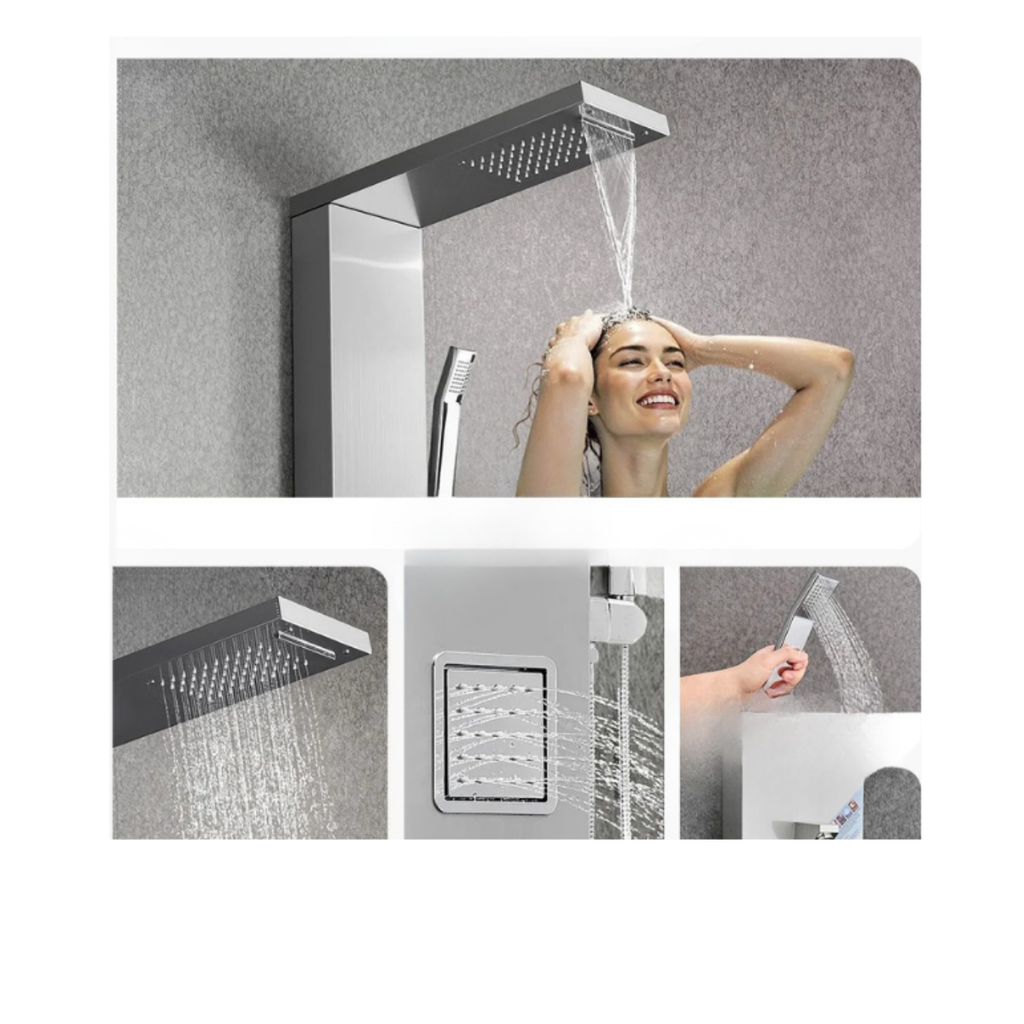 Macro architectural details of the Aurora V+ High-Flow Sanctuary Circuit featuring high-pressure rainfall, dual massage jets, and precision handheld utility.