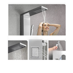 Macro architectural details of the Aurora V+ High-Flow Sanctuary Circuit featuring high-pressure rainfall, dual massage jets, and precision handheld utility.