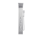 Frontal architectural view of the Aurora V Pro 304 Stainless Steel Tower featuring triple massage jets, integrated Temp-Logic interface, and handheld sanctuary utility.