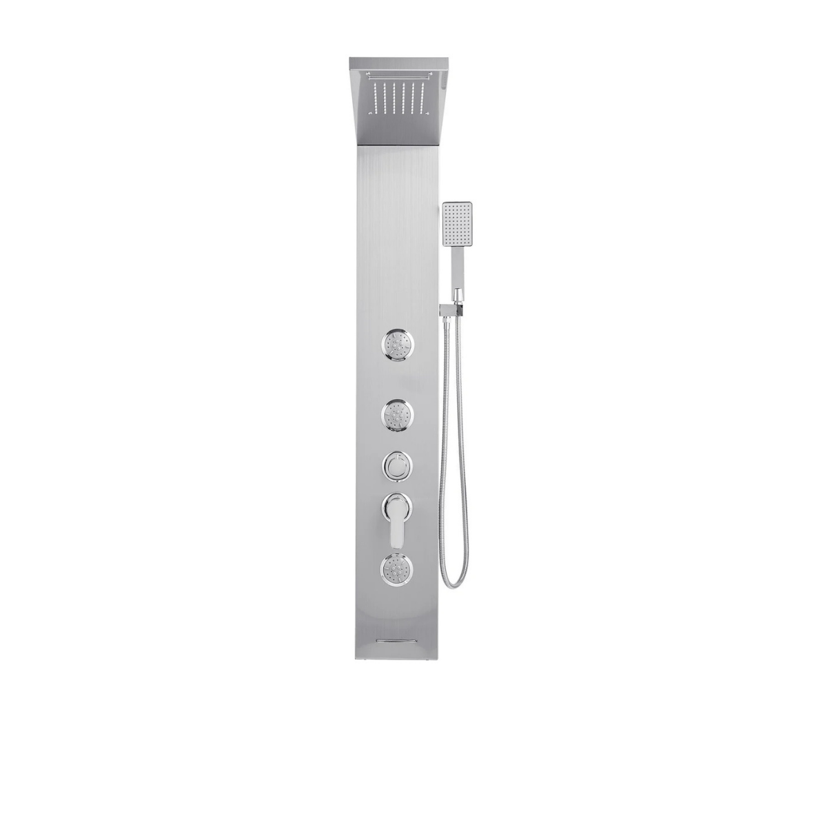 Frontal architectural view of the Aurora V Pro 304 Stainless Steel Tower featuring triple massage jets, integrated Temp-Logic interface, and handheld sanctuary utility.
