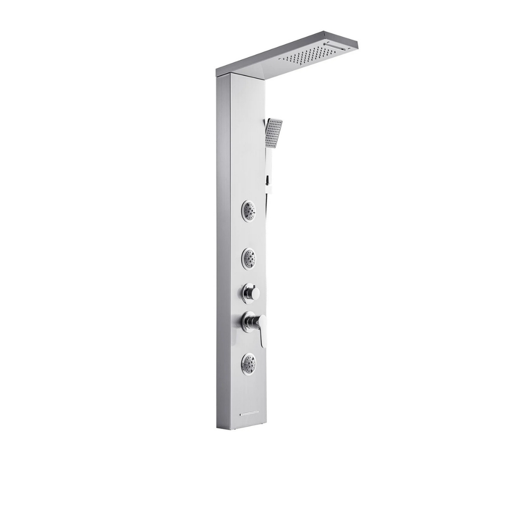 Full architectural profile of the Aurora V Pro 304 Stainless Steel Tower featuring integrated rainfall head, triple massage jets, and Temp-Logic sanctuary interface.