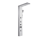 Full architectural profile of the Aurora V Pro 304 Stainless Steel Tower featuring integrated rainfall head, triple massage jets, and Temp-Logic sanctuary interface.