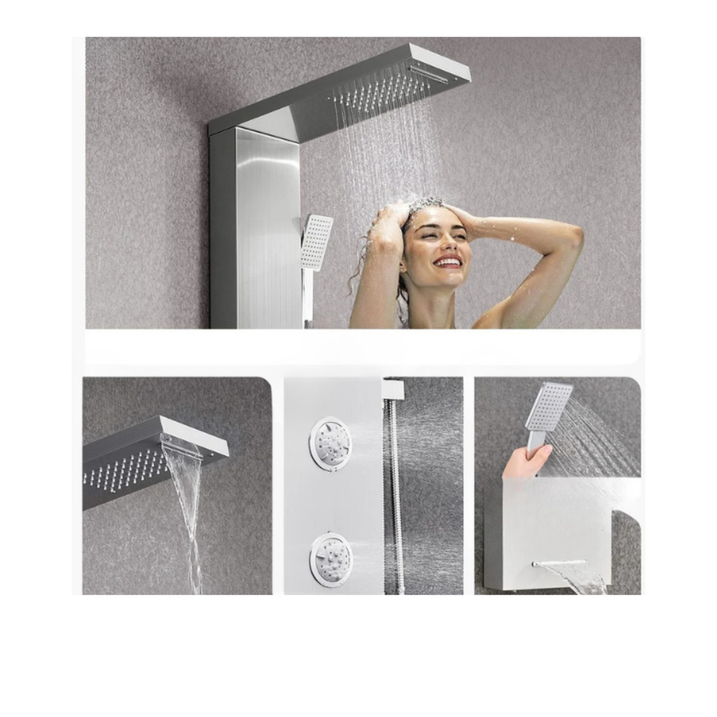 Macro details of the Aurora V Pro Sanctuary Circuit featuring high-pressure waterfall, large massage jets, and precision handheld utility in 304 stainless steel.