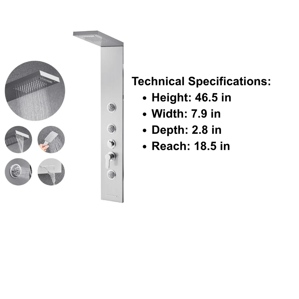 Front-facing architectural profile of the Aurora V Pro Temp-Logic Tower in brushed stainless steel, featuring the integrated digital temperature interface.