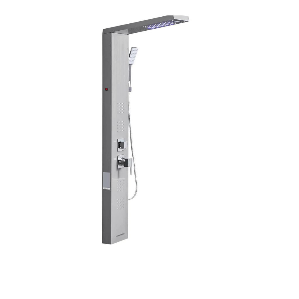 Reverse 3/4 architectural profile of the Aurora V Tower in brushed stainless steel, showcasing the slim-profile manifold, integrated massage jet array, and overhead LED canopy.