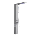 Reverse 3/4 architectural profile of the Aurora V Tower in brushed stainless steel, showcasing the slim-profile manifold, integrated massage jet array, and overhead LED canopy.