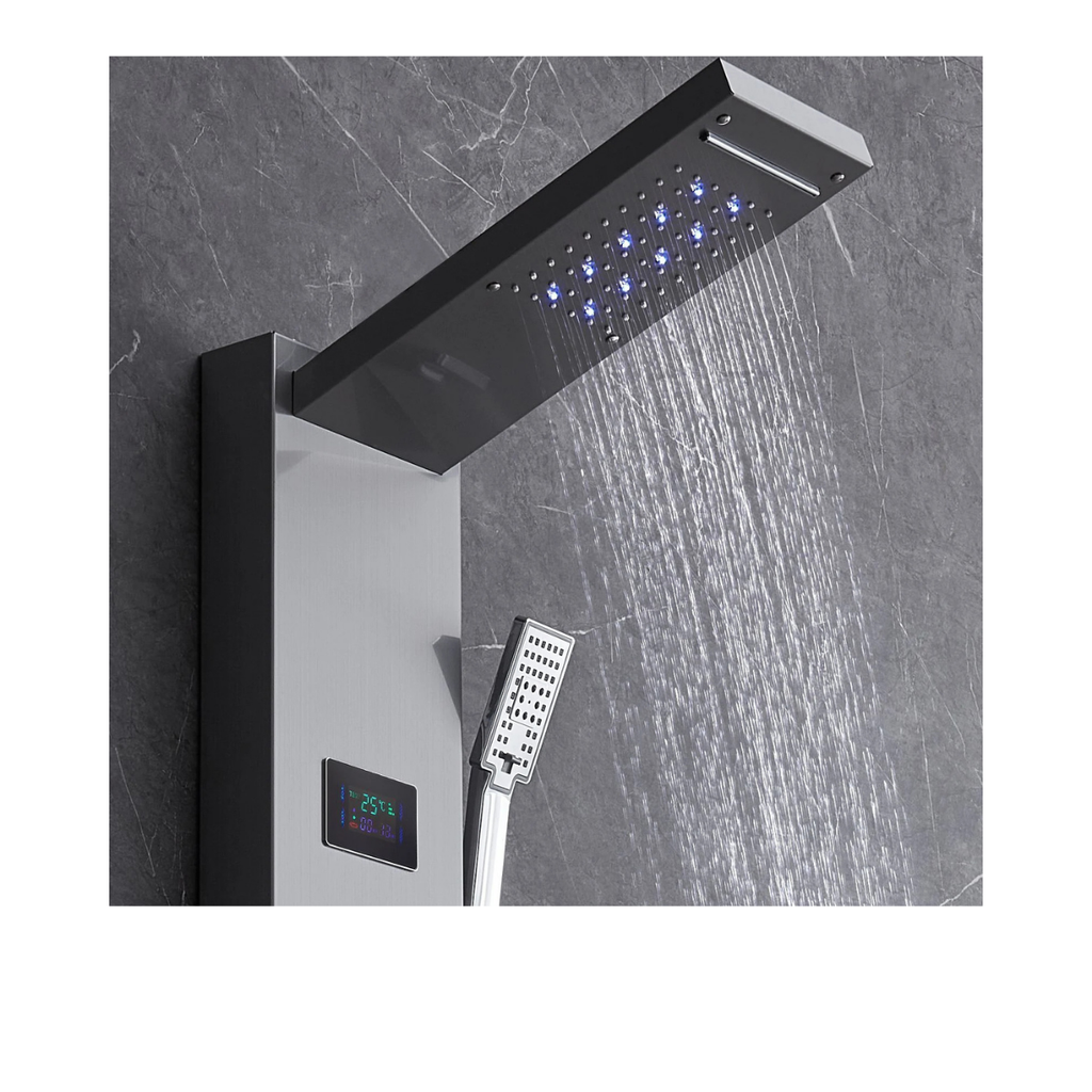 Close-up of the Aurora VI digital thermal interface and LED-integrated rainfall head, providing real-time temperature monitoring for precise contrast therapy sessions.