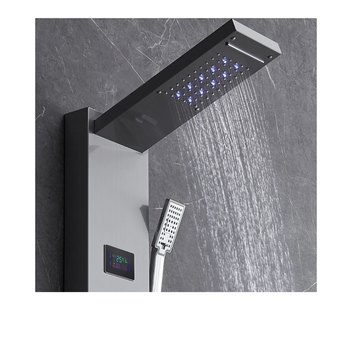 Close-up of the Aurora VI digital thermal interface and LED-integrated rainfall head, providing real-time temperature monitoring for precise contrast therapy sessions.