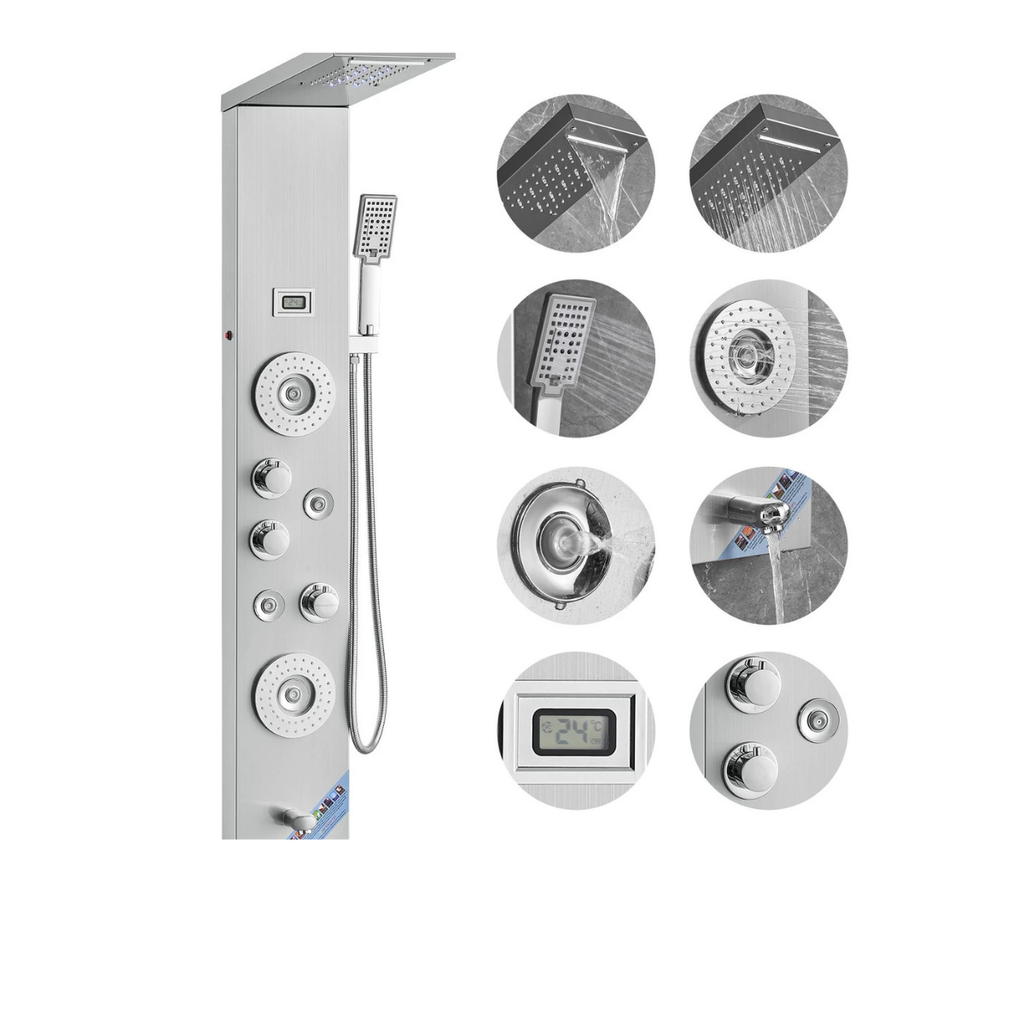 Functional matrix of the Aurora VI Architectural Infrastructure 6-in-1 Tower featuring macro details of the hydroelectric interface, precision nozzles, and marine-grade 304 stainless steel components.
