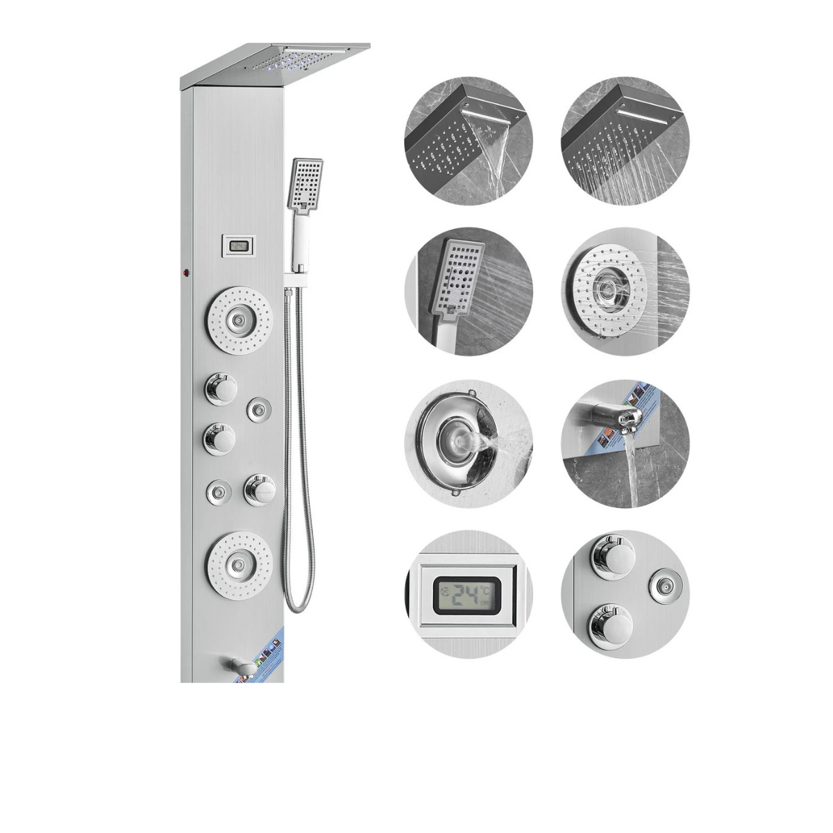 Functional matrix of the Aurora VI Architectural Infrastructure 6-in-1 Tower featuring macro details of the hydroelectric interface, precision nozzles, and marine-grade 304 stainless steel components.