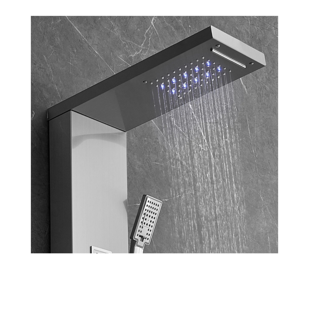 Close-up view of the Aurora VI overhead interface featuring the dual-function rainfall and waterfall delivery system with integrated blue LED atmospheric lighting against a slate architectural backdrop.