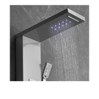 Close-up view of the Aurora VI overhead interface featuring the dual-function rainfall and waterfall delivery system with integrated blue LED atmospheric lighting against a slate architectural backdrop.