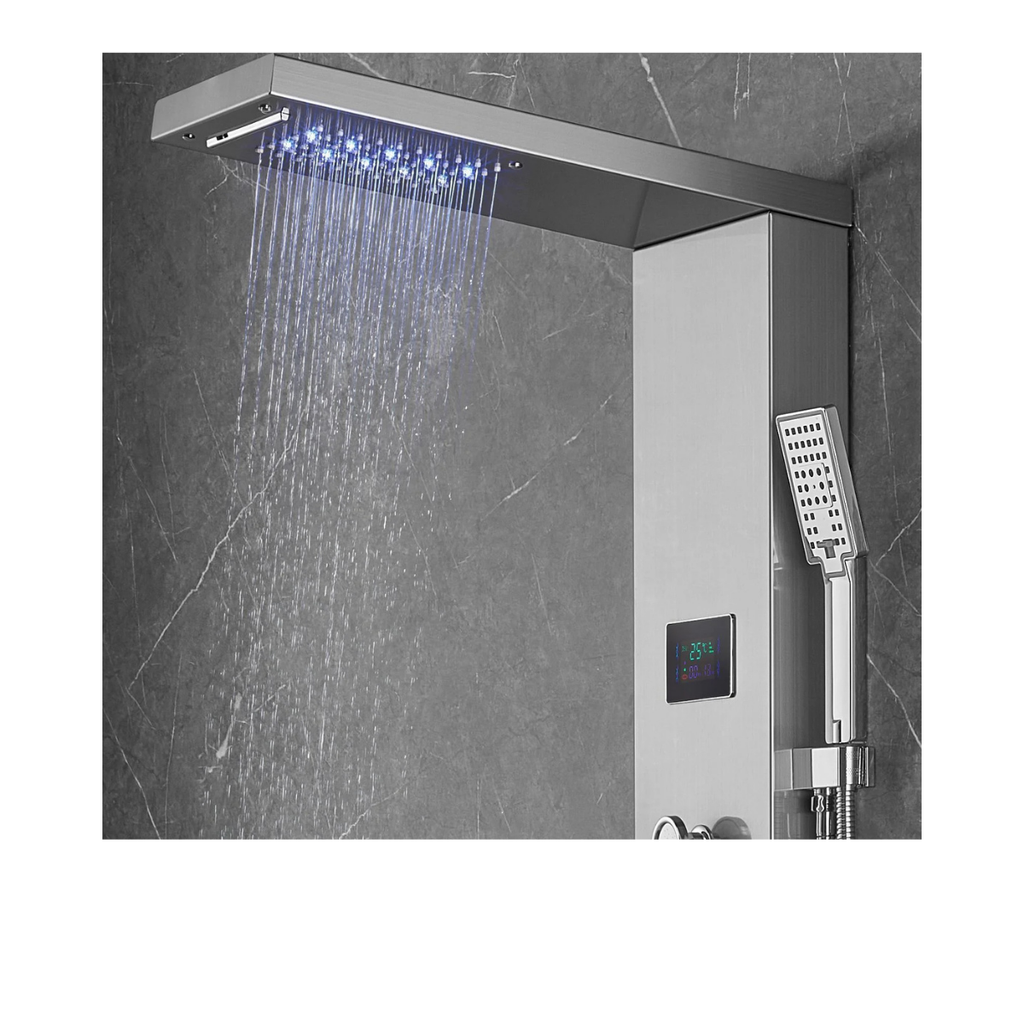 Close-up view of the Aurora VI overhead interface featuring the dual-function rainfall and waterfall delivery system with integrated blue LED atmospheric lighting against a slate architectural backdrop.