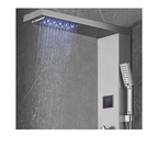 Close-up view of the Aurora VI overhead interface featuring the dual-function rainfall and waterfall delivery system with integrated blue LED atmospheric lighting against a slate architectural backdrop.