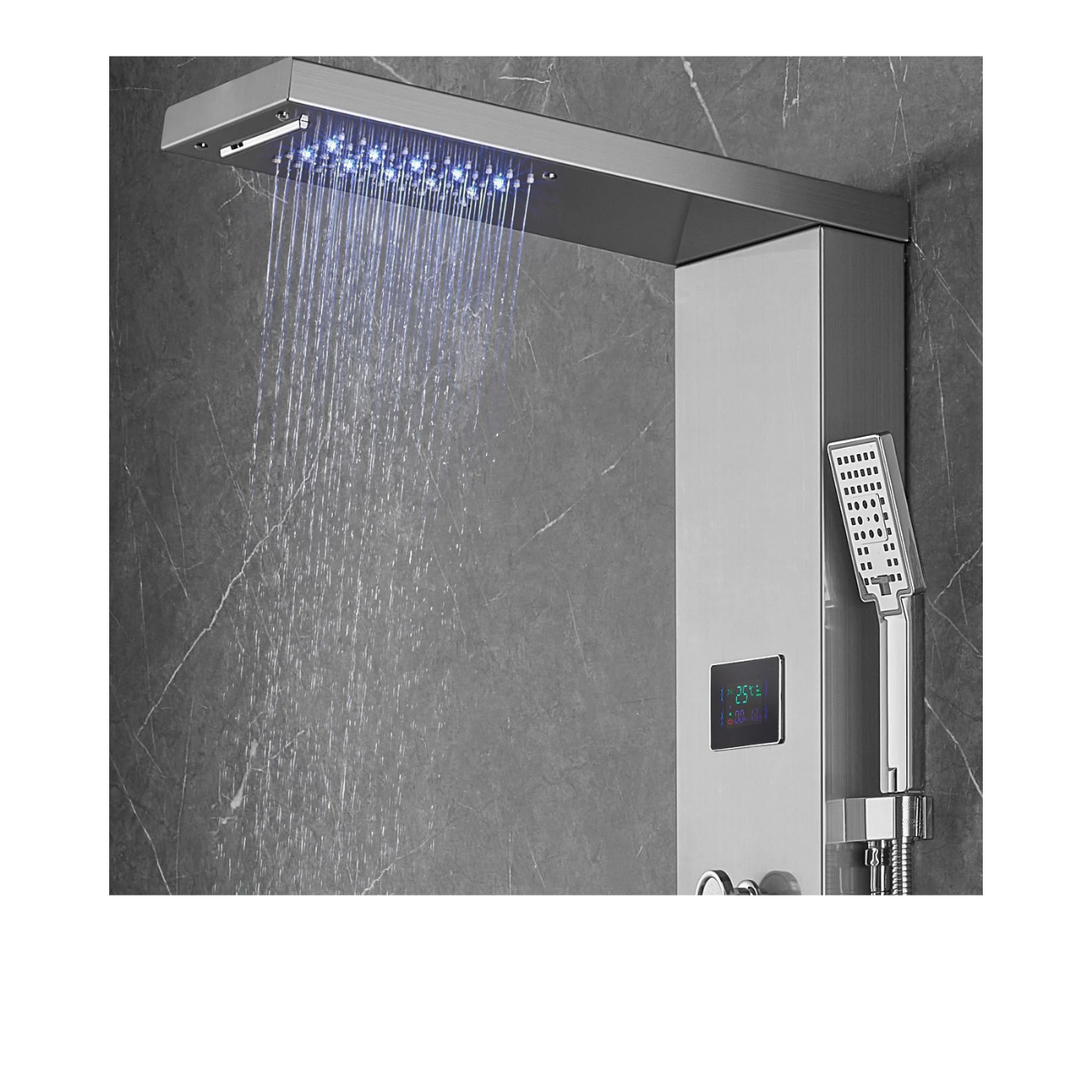 Close-up view of the Aurora VI overhead interface featuring the dual-function rainfall and waterfall delivery system with integrated blue LED atmospheric lighting against a slate architectural backdrop.