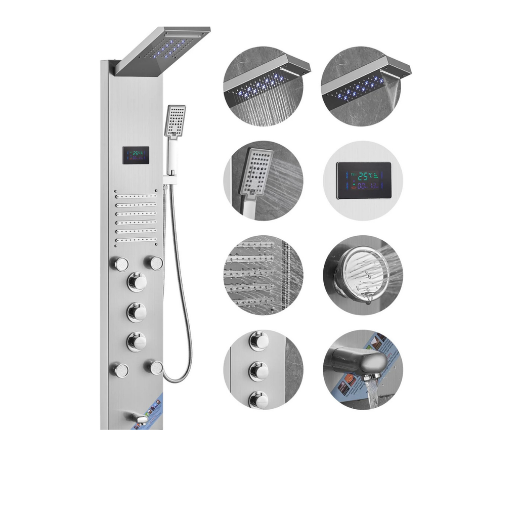 Aurora VI Architectural Infrastructure 6-in-1 Marine Grade 304 Stainless Steel Shower Tower featuring Rainfall, Waterfall, and Hydroelectric LED Interface.