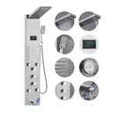 Aurora VI Architectural Infrastructure 6-in-1 Marine Grade 304 Stainless Steel Shower Tower featuring Rainfall, Waterfall, and Hydroelectric LED Interface.