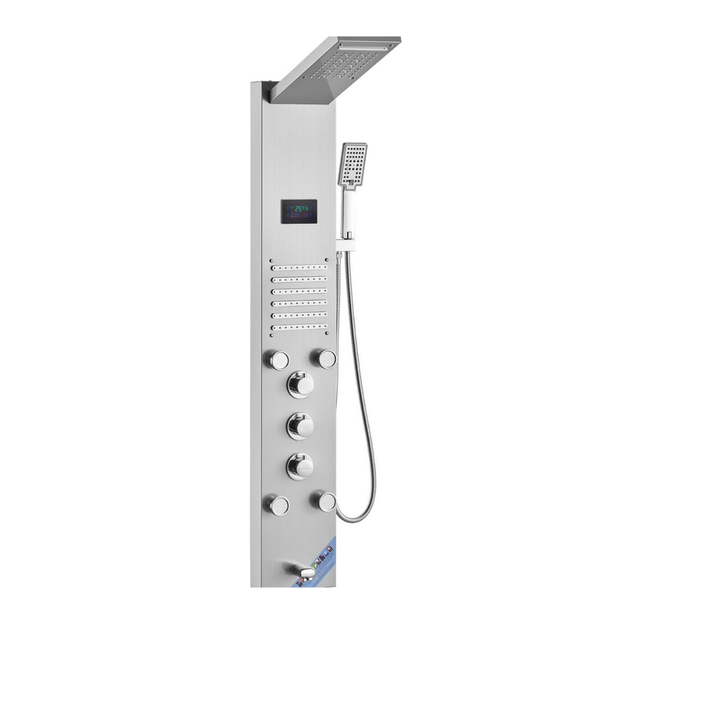 Aurora VI Architectural Infrastructure 6-in-1 Brushed 304 Stainless Steel Tower with Rainfall, Waterfall, and Integrated LED Sanctuary Interface.