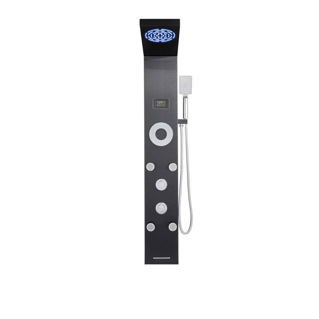 Aurora VI Mist Obsidian Stealth Infrastructure 6-Function Matte Black Shower Tower with Hydroelectric Sanctuary Interface and Precision Mist Array.