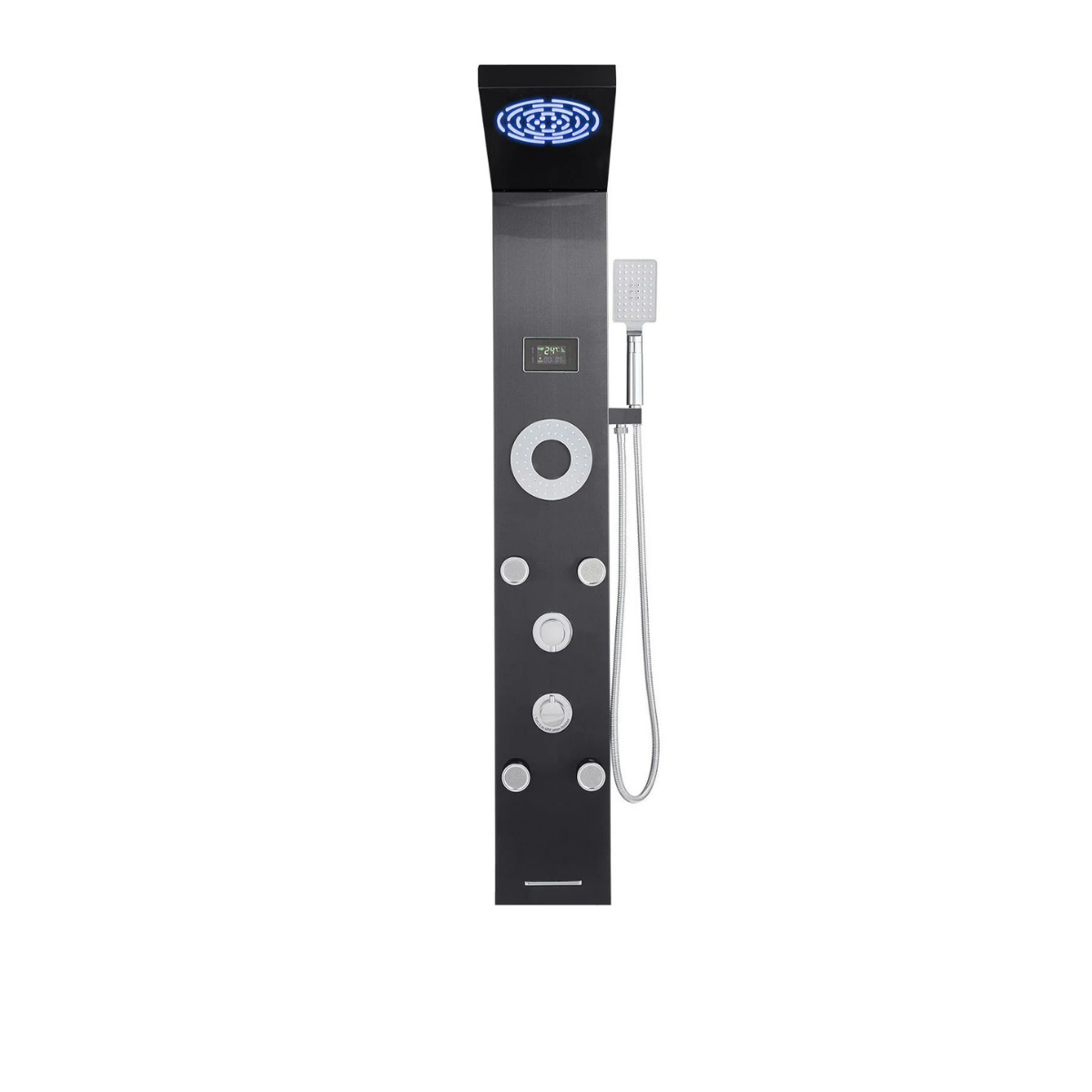 Aurora VI Mist Obsidian Stealth Infrastructure 6-Function Matte Black Shower Tower with Hydroelectric Sanctuary Interface and Precision Mist Array.