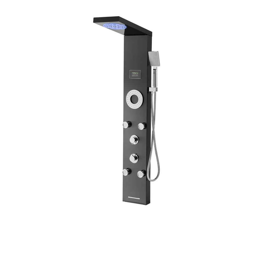 Full architectural profile of the Aurora VI Mist Obsidian Matte Black tower featuring a 6-function sanctuary array and integrated hydroelectric interface.