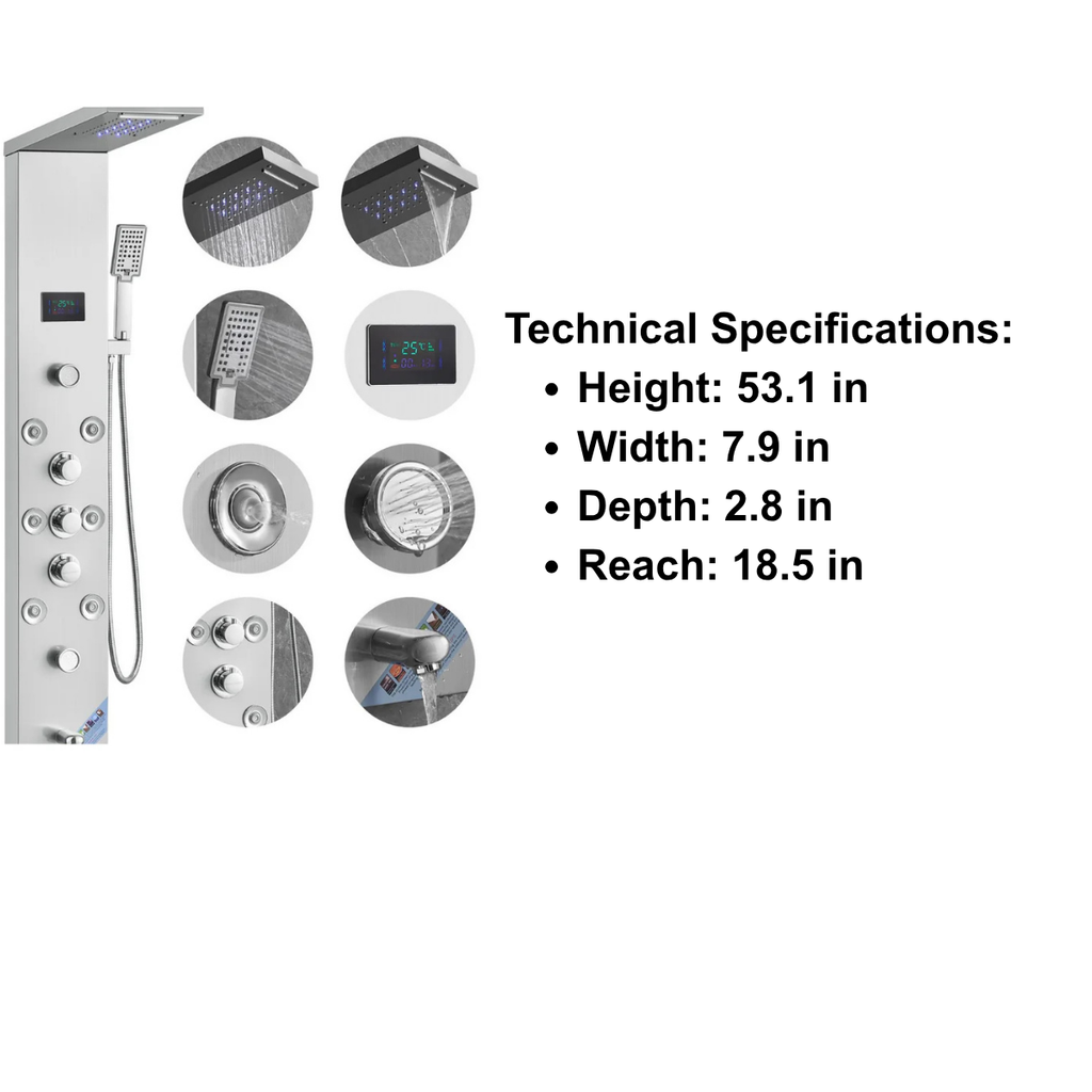 Primary architectural profile and functional matrix of the Aurora VI Pro 8-Jet Recovery Tower in brushed stainless steel, featuring the integrated digital temperature display.
