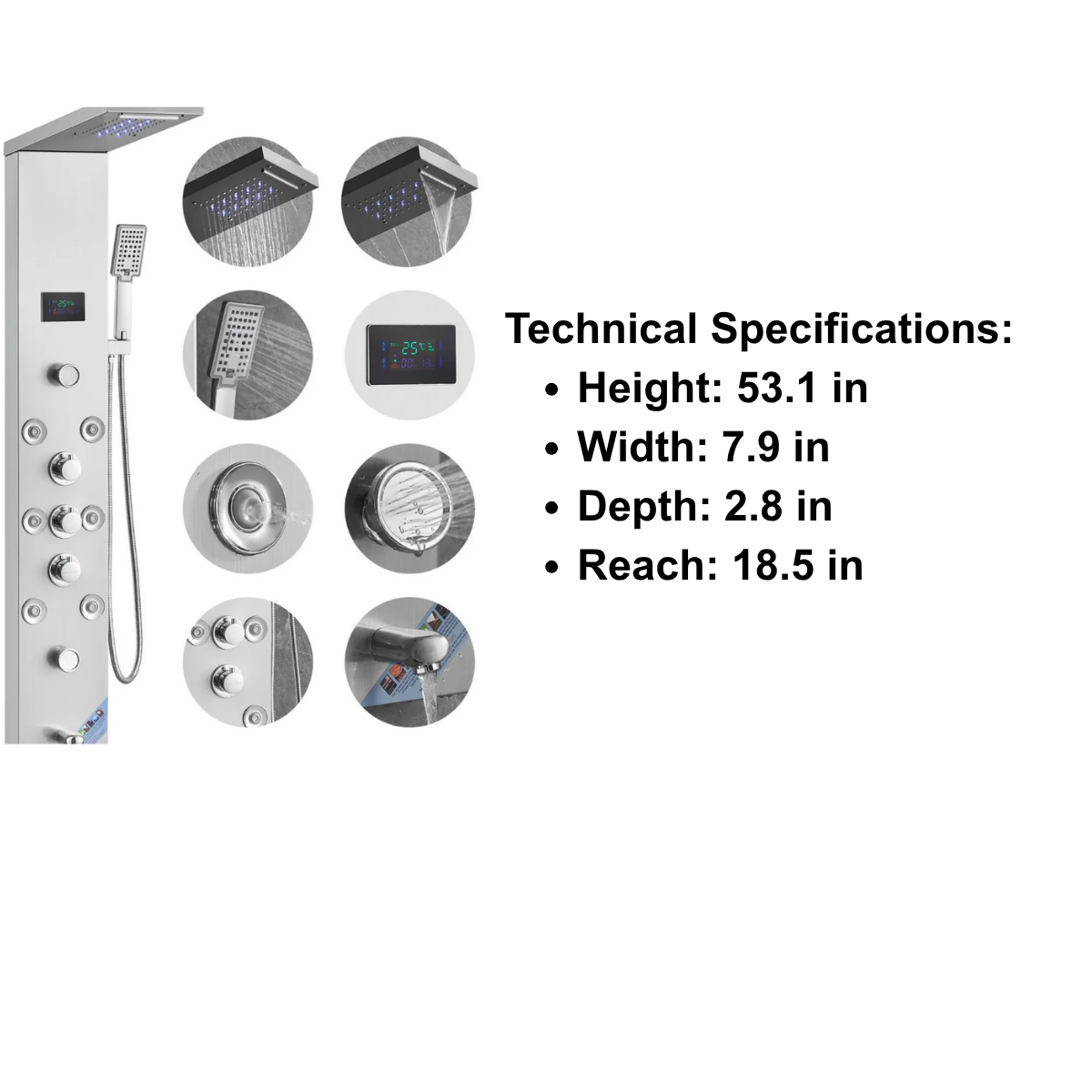 Primary architectural profile and functional matrix of the Aurora VI Pro 8-Jet Recovery Tower in brushed stainless steel, featuring the integrated digital temperature display.