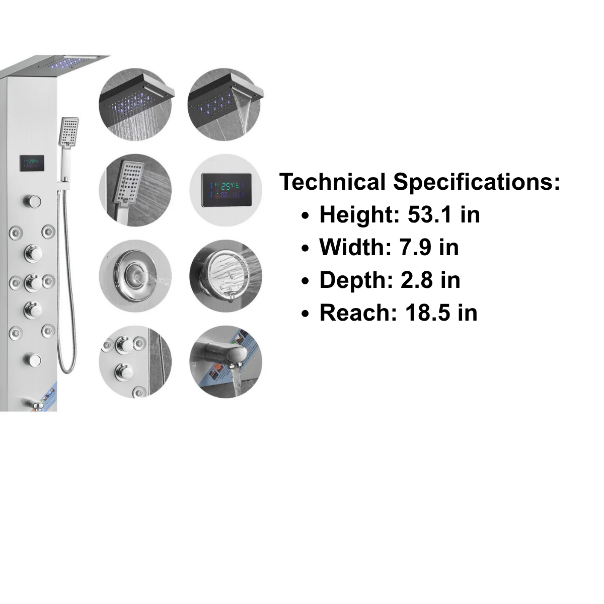  Primary architectural profile and functional matrix of the Aurora VI Pro 8-Jet Recovery Tower in brushed stainless steel, featuring the integrated digital temperature display.