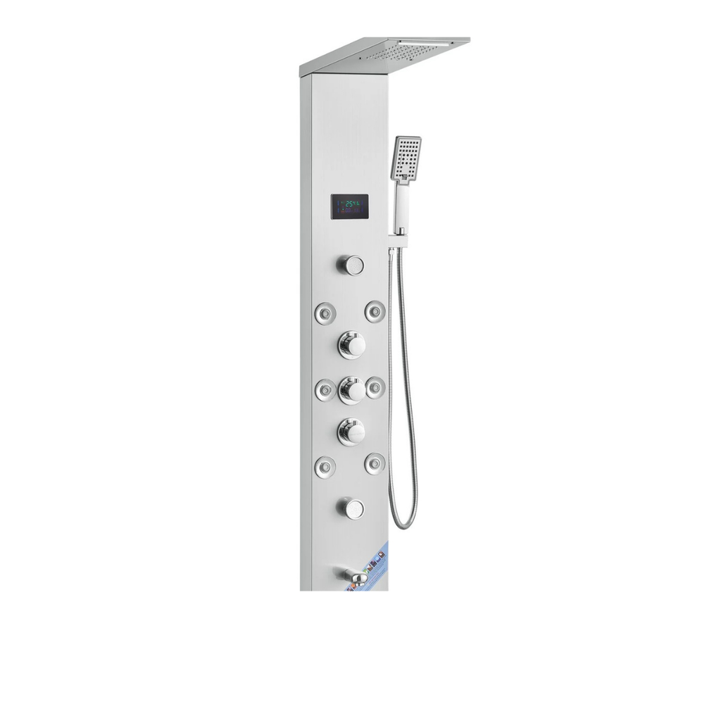 Angled architectural profile of the Aurora VI Pro featuring the overhead rainfall/waterfall canopy, geometric handheld wand, and 8-jet massage array in brushed 304 stainless steel.