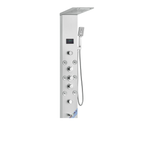 Angled architectural profile of the Aurora VI Pro featuring the overhead rainfall/waterfall canopy, geometric handheld wand, and 8-jet massage array in brushed 304 stainless steel.