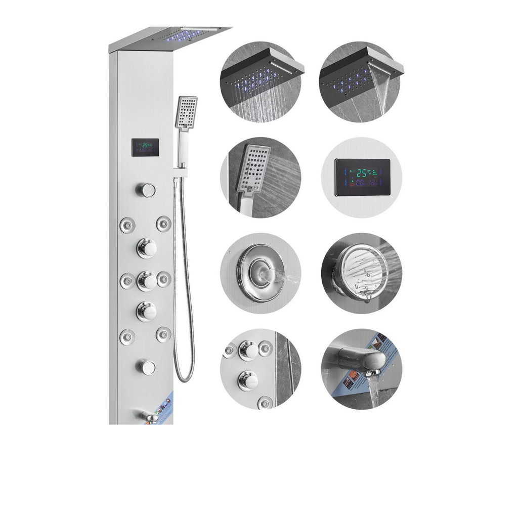 Primary architectural profile of the Aurora VI Pro 8-Jet Full-Body Recovery Tower in marine-grade 304 stainless steel, showcasing the integrated hydroelectric display and multi-mode nozzle array.