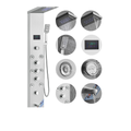 Primary architectural profile of the Aurora VI Pro 8-Jet Full-Body Recovery Tower in marine-grade 304 stainless steel, showcasing the integrated hydroelectric display and multi-mode nozzle array.