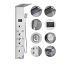 Primary architectural profile of the Aurora VI Pro 8-Jet Full-Body Recovery Tower in marine-grade 304 stainless steel, showcasing the integrated hydroelectric display and multi-mode nozzle array.