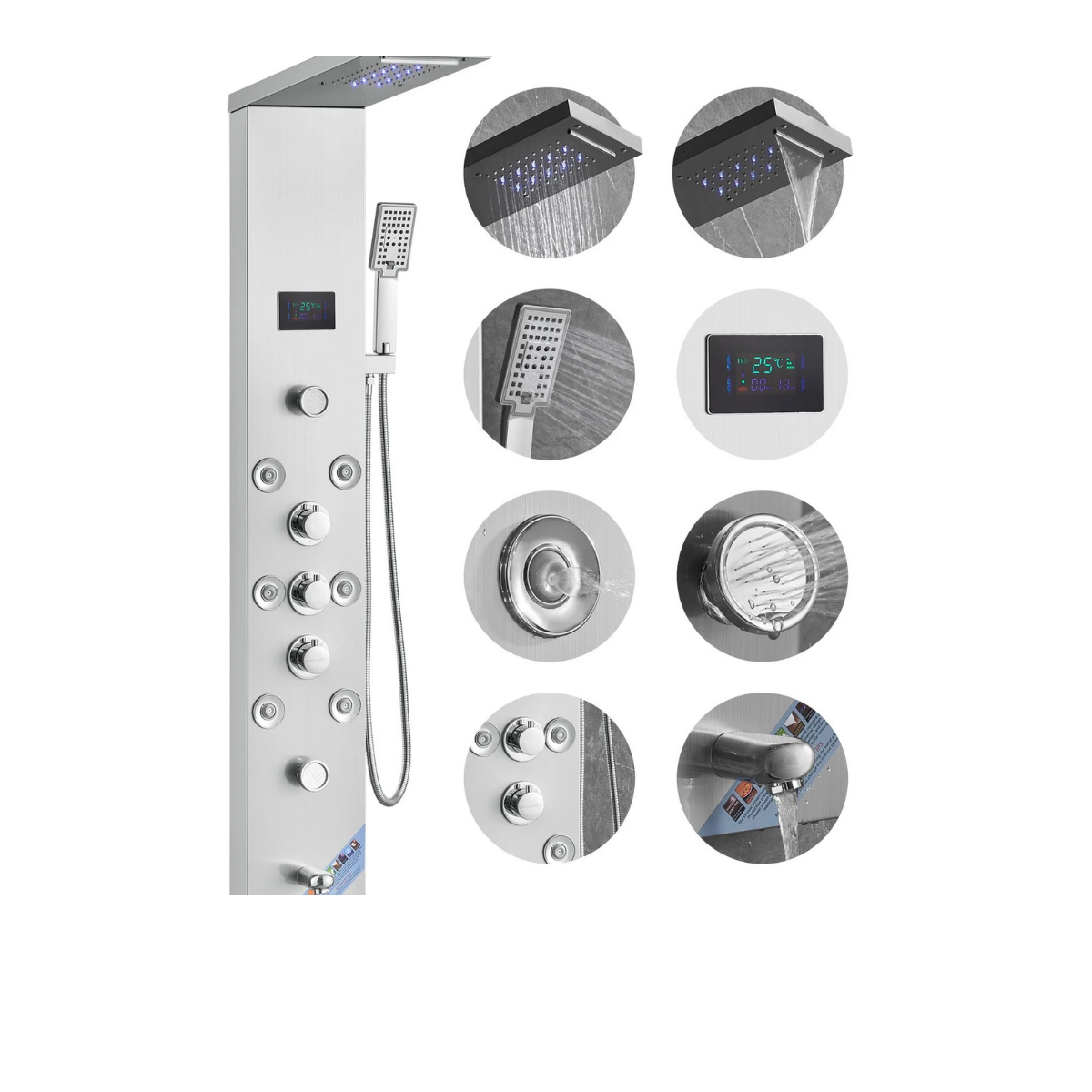 Primary architectural profile of the Aurora VI Pro 8-Jet Full-Body Recovery Tower in marine-grade 304 stainless steel, showcasing the integrated hydroelectric display and multi-mode nozzle array.