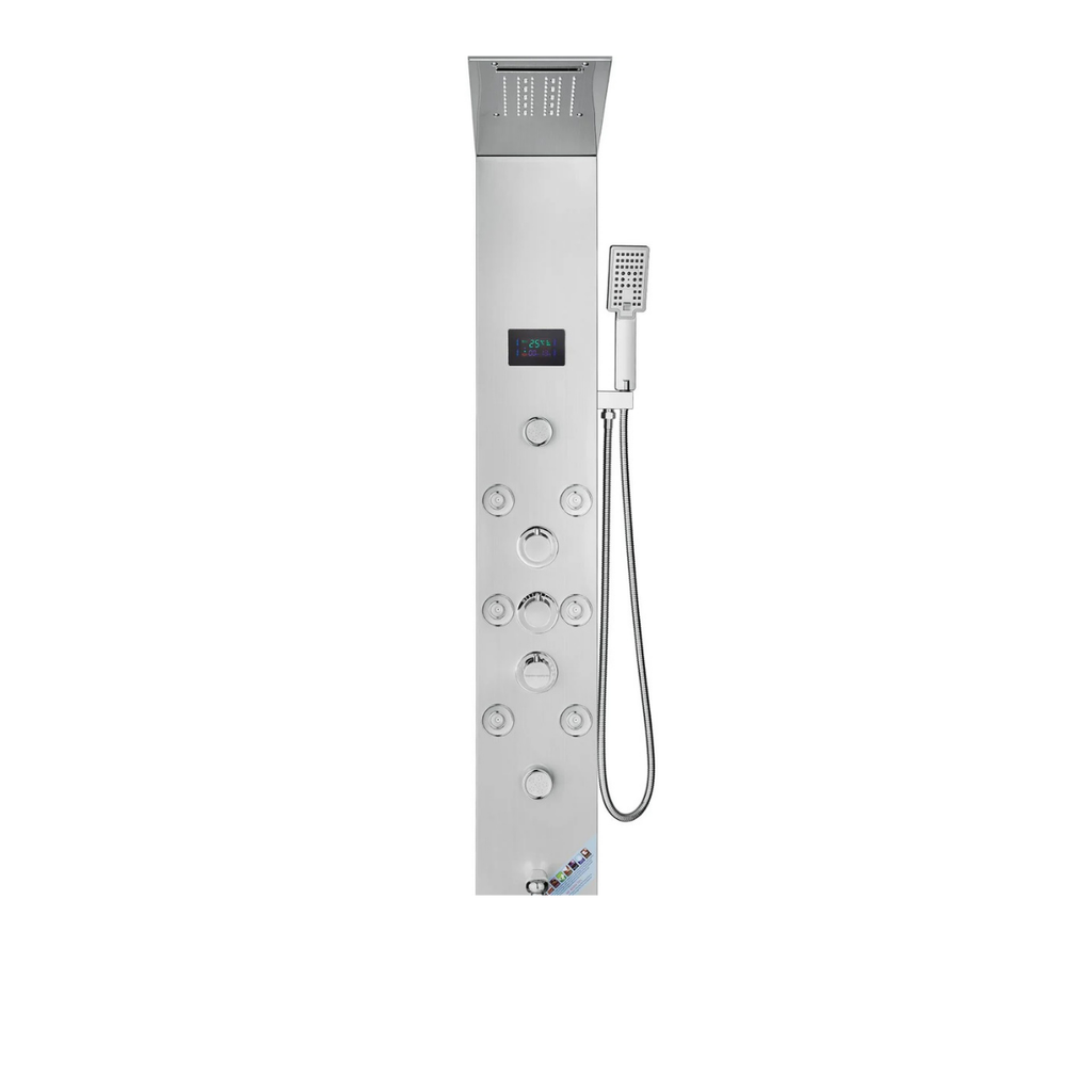 Frontal architectural view of the Aurora VI Pro 8-Jet Recovery Tower featuring brushed 304 stainless steel infrastructure and integrated hydroelectric sanctuary interface.