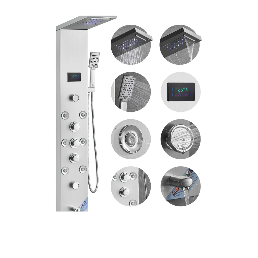 Aurora VI Pro 8-Jet Full-Body Recovery Tower in 304 Stainless Steel featuring an 8-nozzle precision array and integrated hydroelectric sanctuary interface.