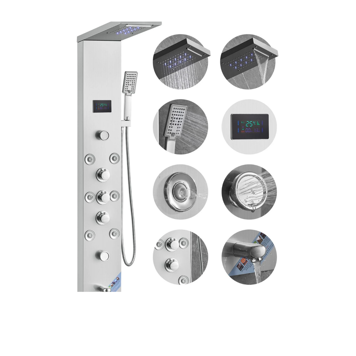 Aurora VI Pro 8-Jet Full-Body Recovery Tower in 304 Stainless Steel featuring an 8-nozzle precision array and integrated hydroelectric sanctuary interface.