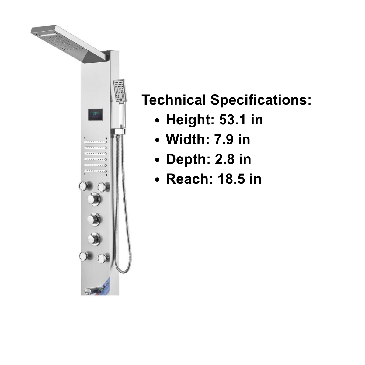 Front-facing architectural profile of the Aurora VI Spine-Align Vertical Recovery Tower in brushed stainless steel, highlighting the ergonomic vertical massage jet array.