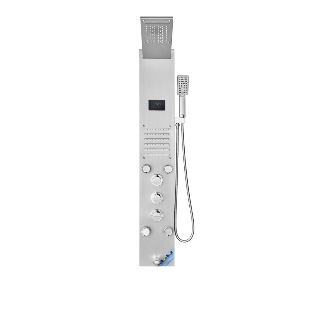 Front-facing architectural view of the Aurora VI Spine-Align body, highlighting the vertically oriented massage jets and marine-grade stainless steel finish.