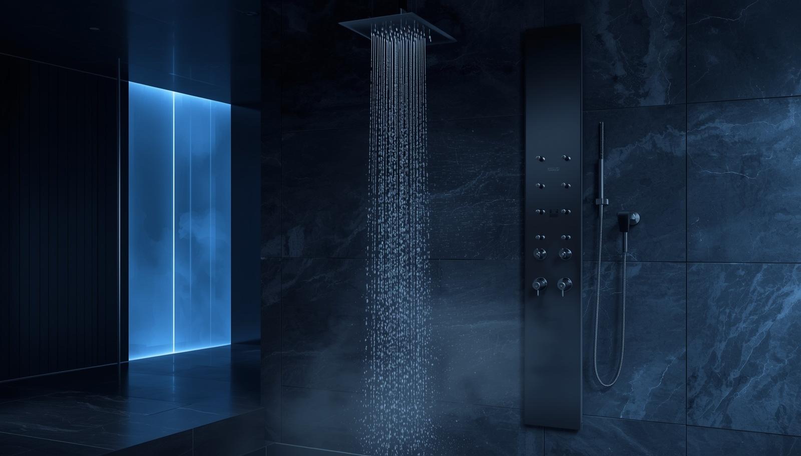 Luxury home spa interior featuring a matte black hydrotherapy shower tower against dark slate walls with atmospheric blue LED chromotherapy lighting.