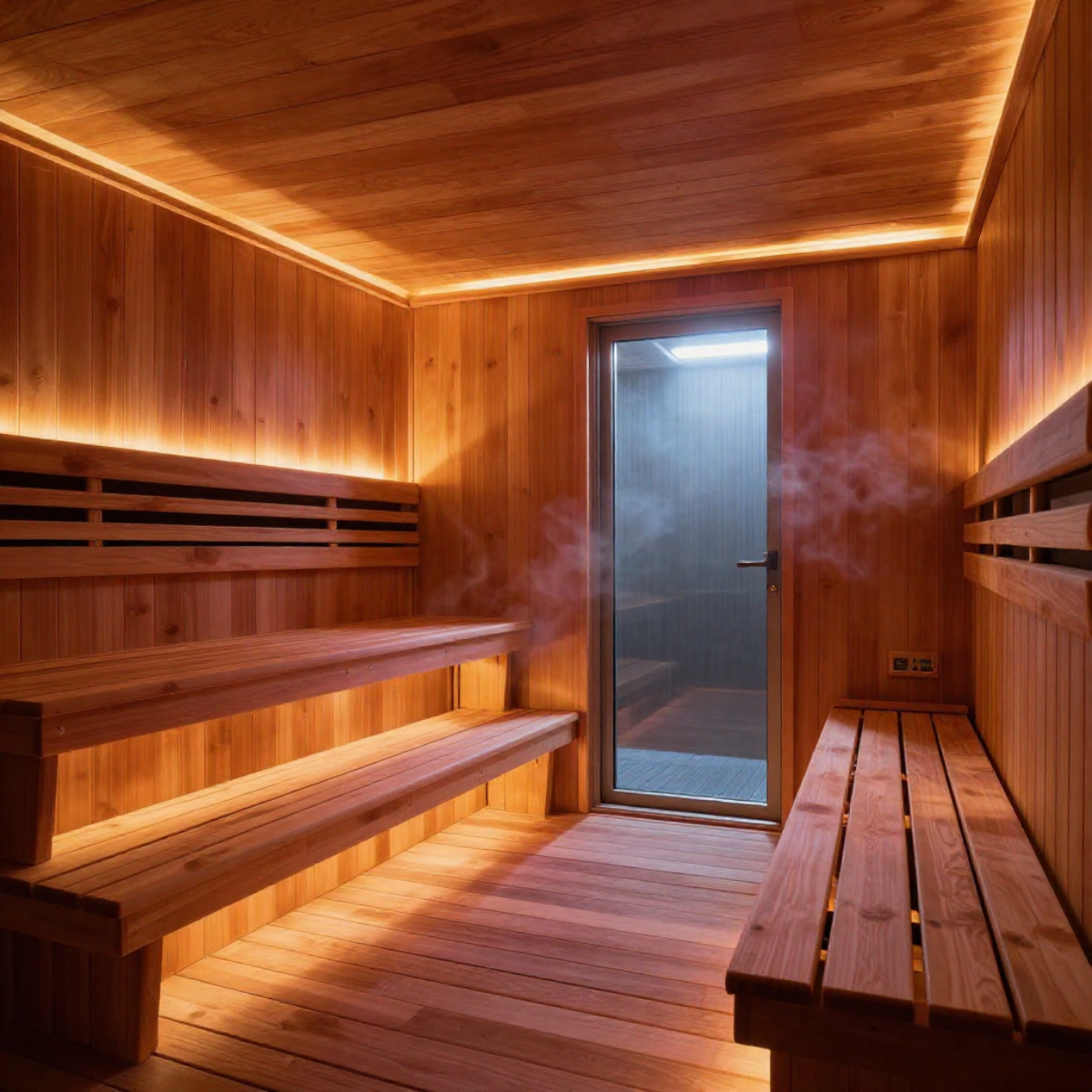 Warm cedar infrared sanctuary interior with ambient LED lighting, tiered benches and glass door — Lume & Timber Editor's Pick Series
