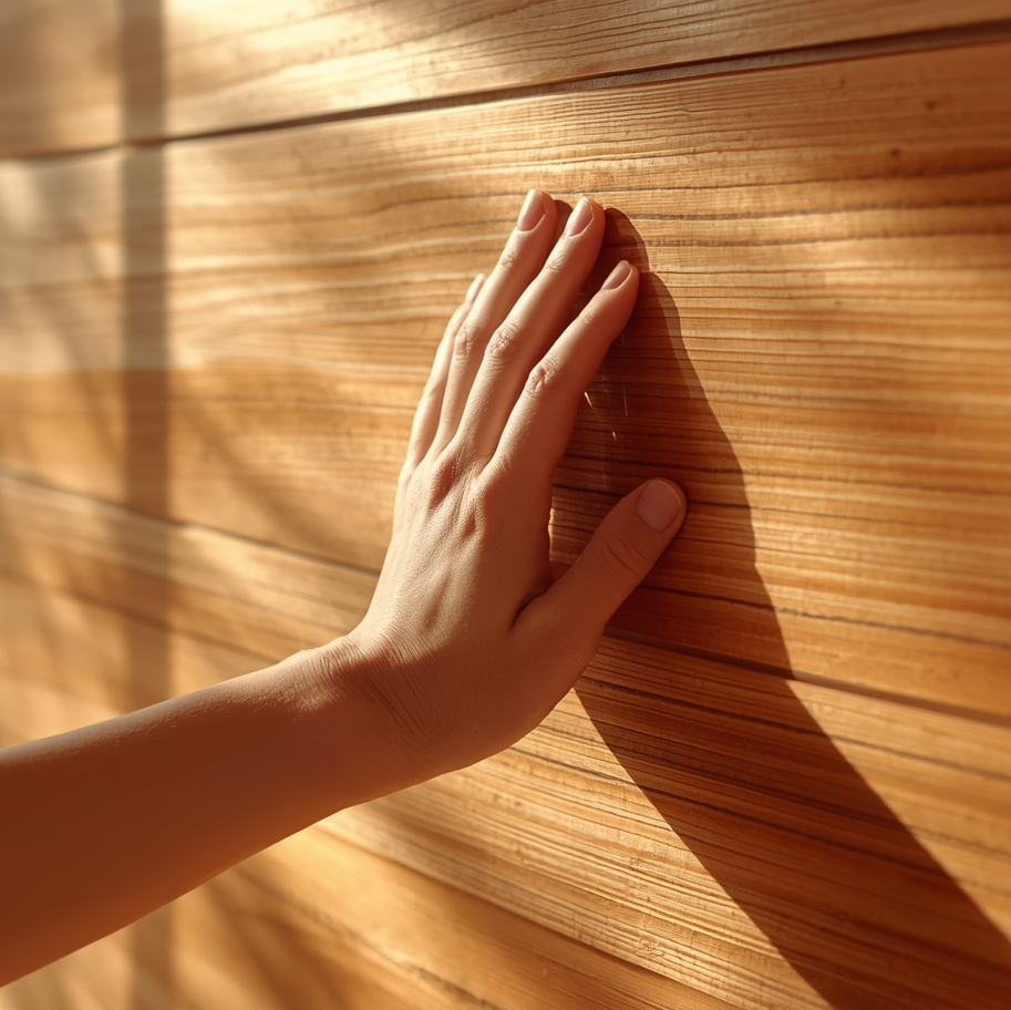 The Lume & Timber Manifesto: A tactile moment showcasing the premium natural cedar wood used in our Sanctuary Series infrared saunas.