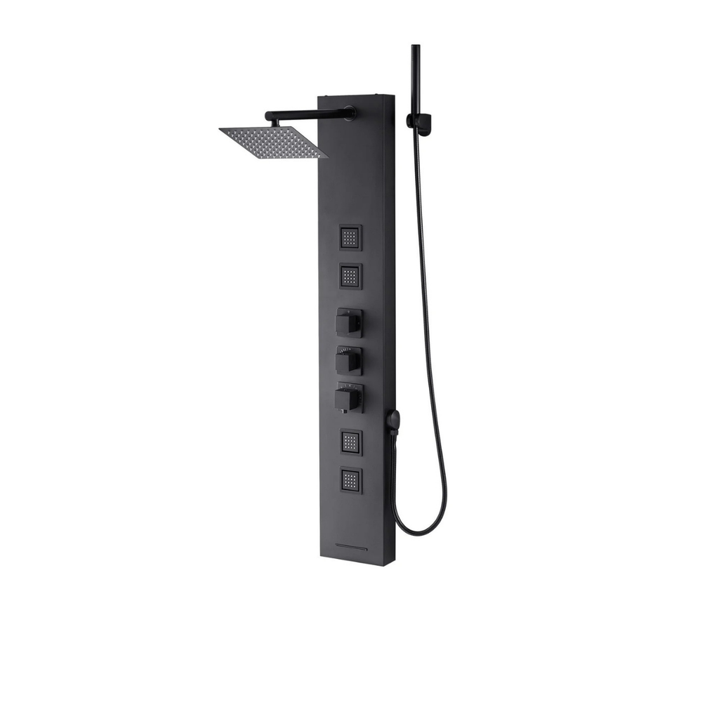 Primary architectural profile of the Obsidian IV 4-Function Matte Black Shower Tower, featuring the low-profile geometric rainfall canopy and high-contrast quad massage nozzles.